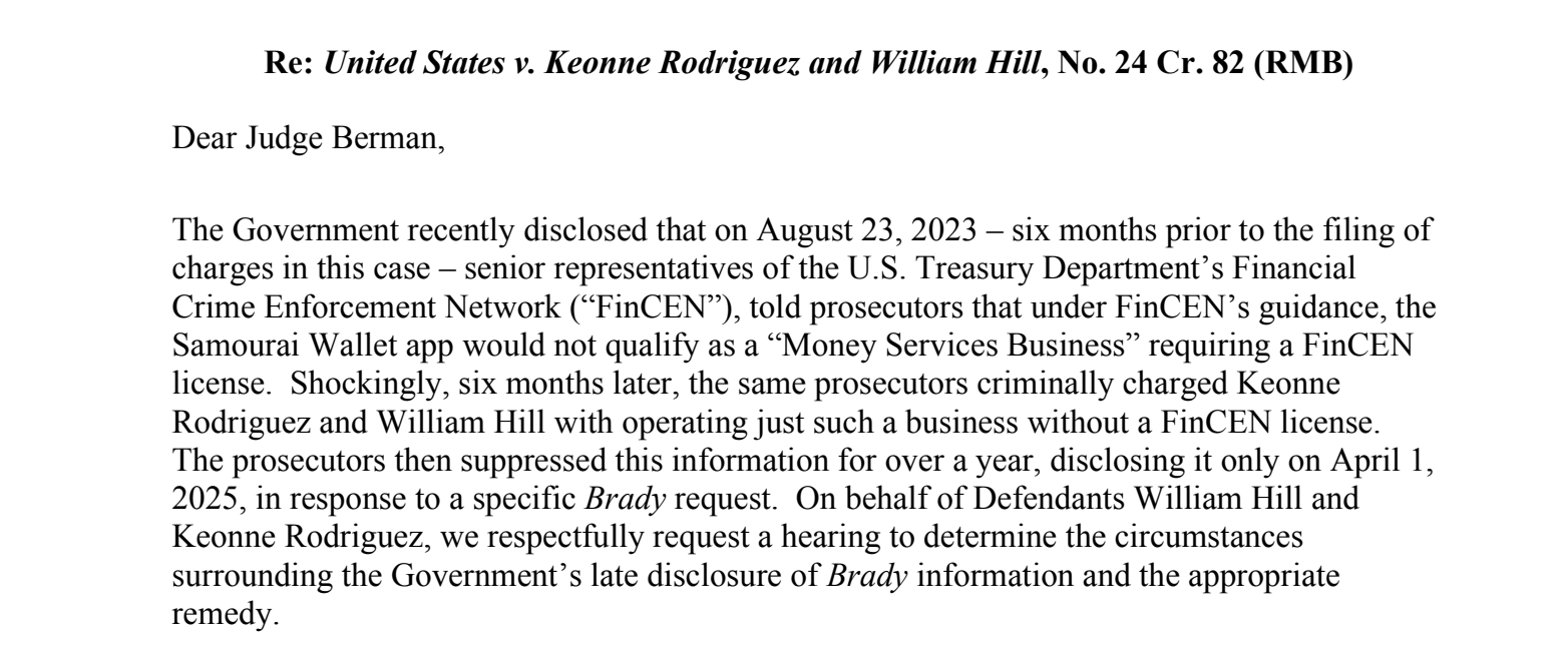 Filing Claims U.S. Prosecutors Knew License Wasn’t Required for Samourai Wallet, Prosecuted Them Anyways 1 A new filing shows FinCEN told prosecutors that Samourai Wallet was not a money transmitter. They charged its founders anyway—and kept that fact hidden for over a year.