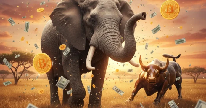 NewsCapsule price, Semler acquisition by Strive, elephant and Wall Street bull on the savanna